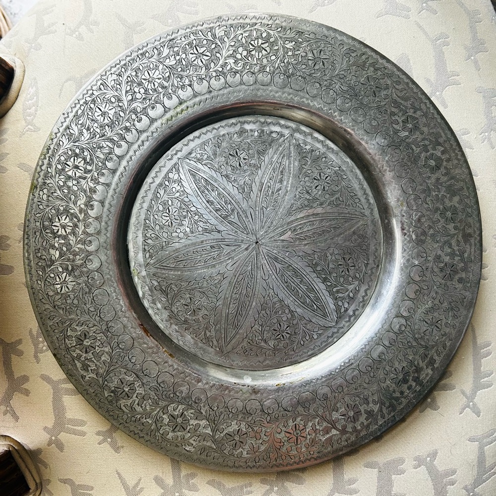 Vintage hand-engraved metal charger plate decorative tray silver tone